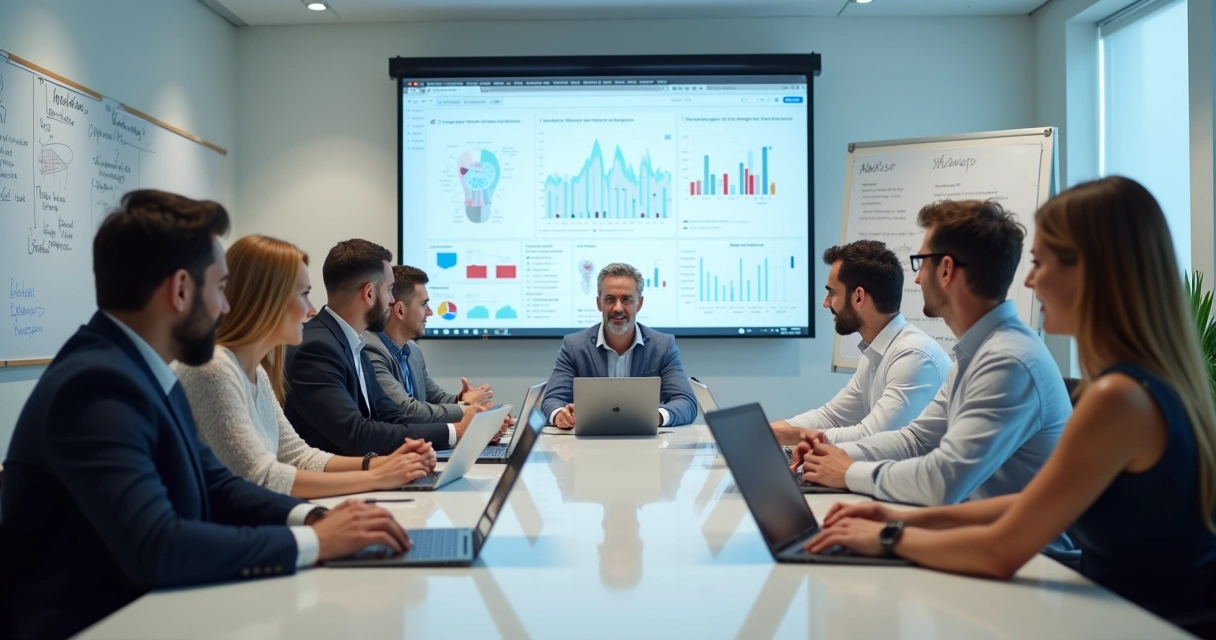 Equipe profissional de marketing digital reunida em sala moderna, discutindo estratégias para clínicas odontológicas com laptops e gráficos nas telas 