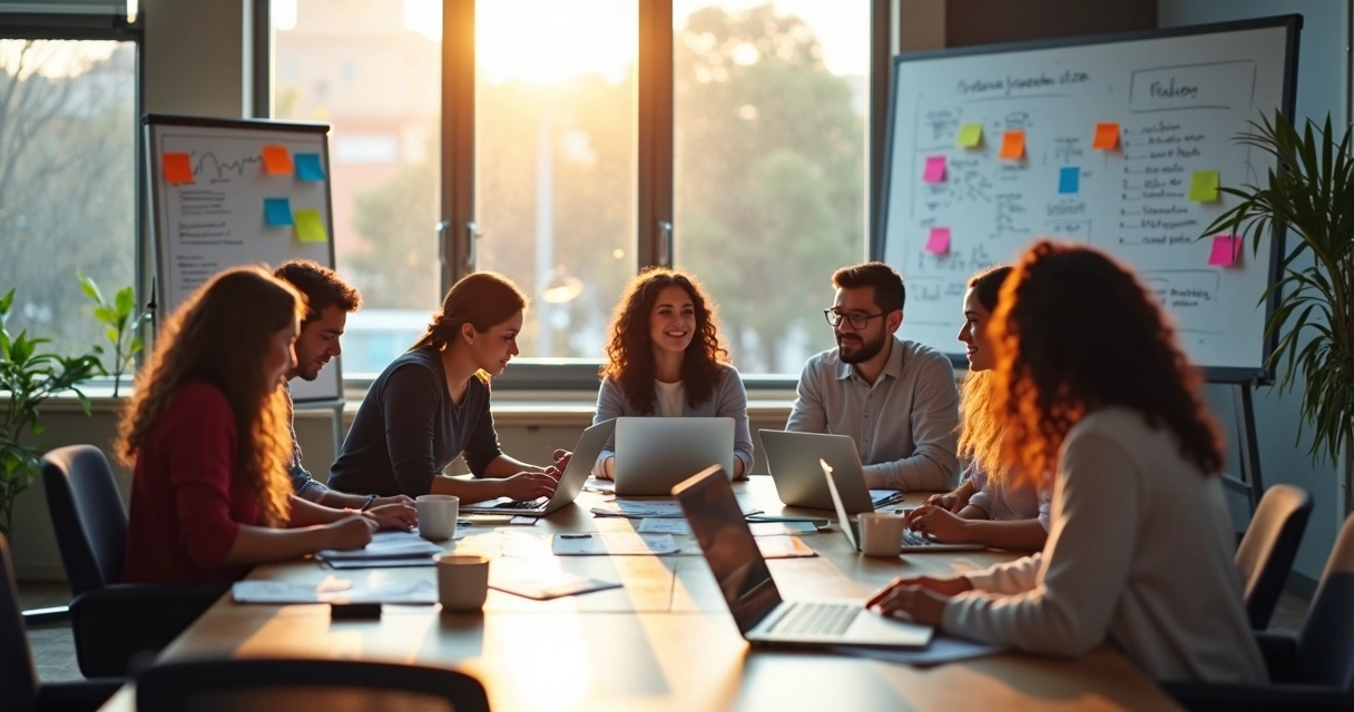 Equipe de marketing reunida em escritório moderno com computadores e quadros de planejamento na parede. 