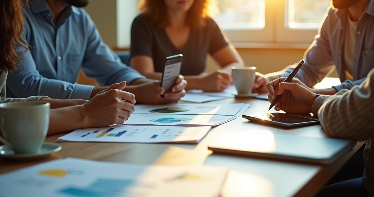 Equipe de marketing e vendas reunida em mesa de escritório, discutindo estratégia de vendas com papéis, celular e notebook sobre a mesa