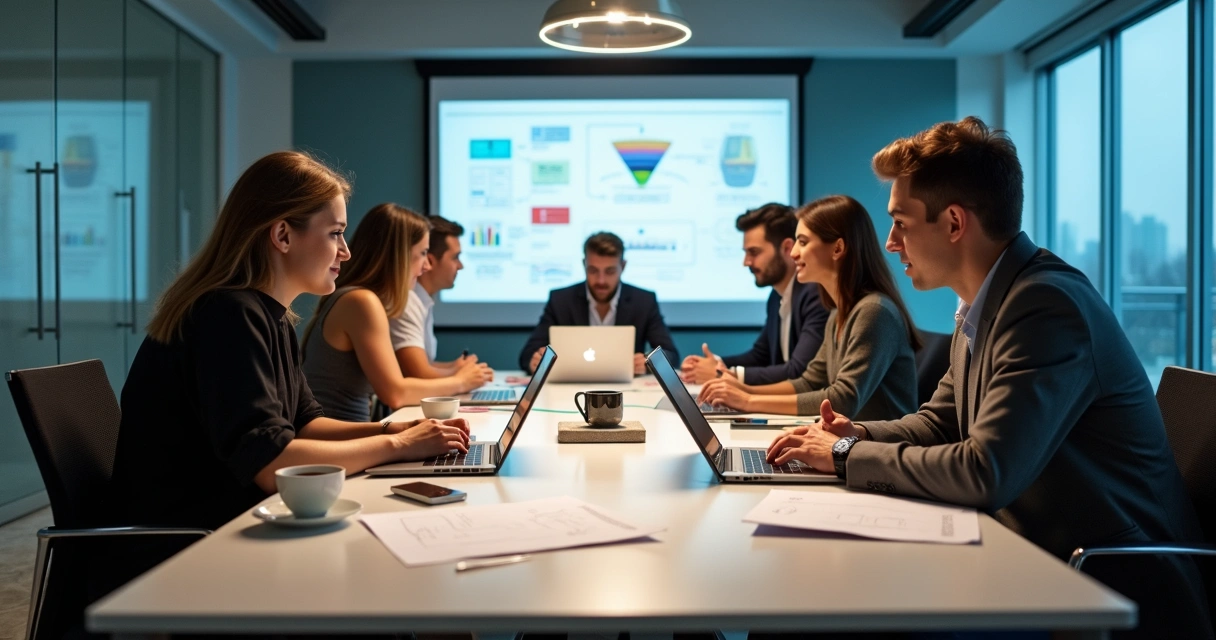 Equipe de marketing e vendas reunida em escritório contábil 