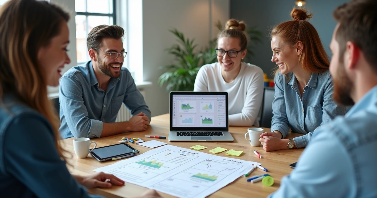 Equipe de marketing sentada em mesa, planejando campanha de e-mail conversacional