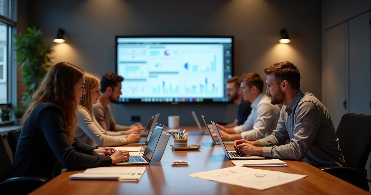 Equipe de marketing em reunião analisando dados de automação 