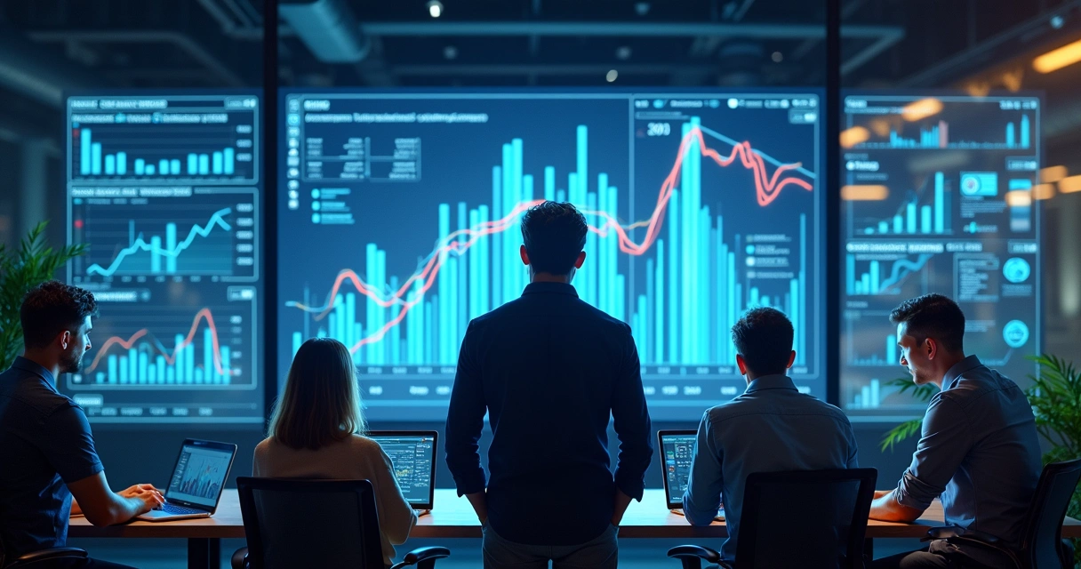 Equipe de marketing analisando gráficos crescentes em telas grandes 