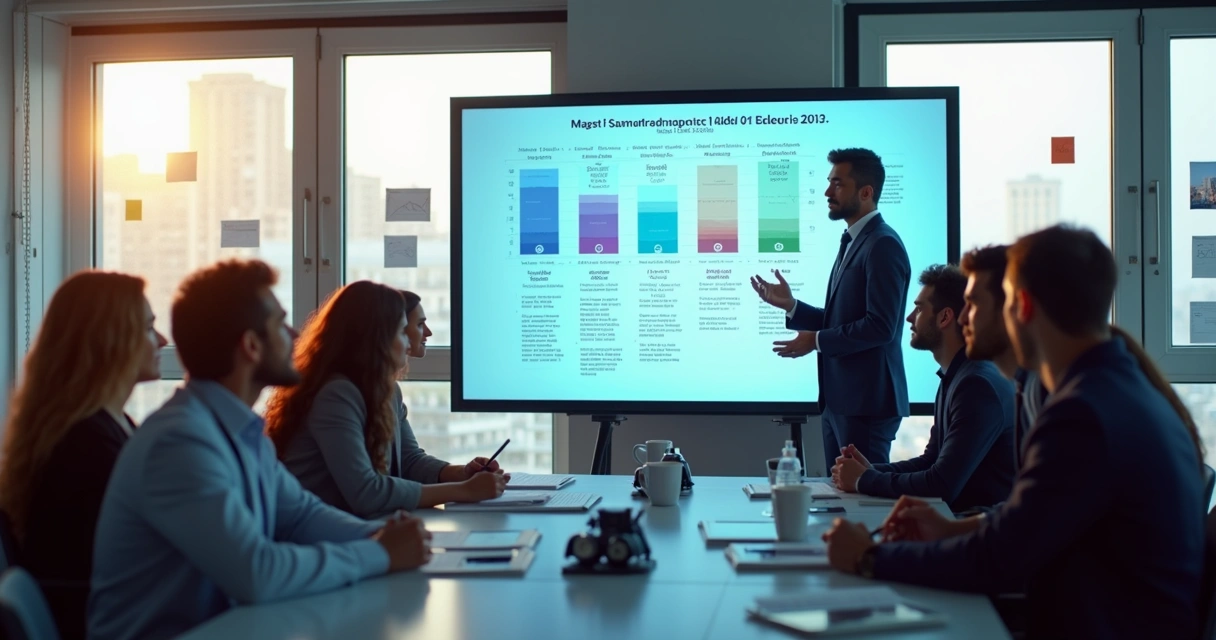 Líder de marketing apresentando plano estratégico para 2025 a um time atencioso