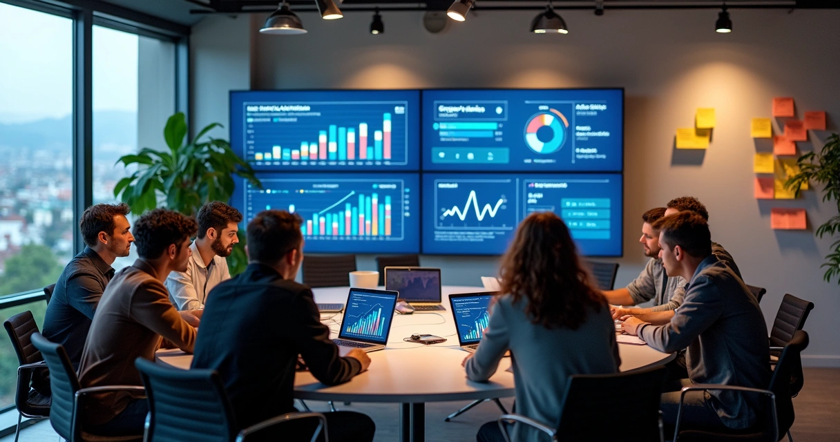 Equipe de marketing reunida analisando gráficos digitais 