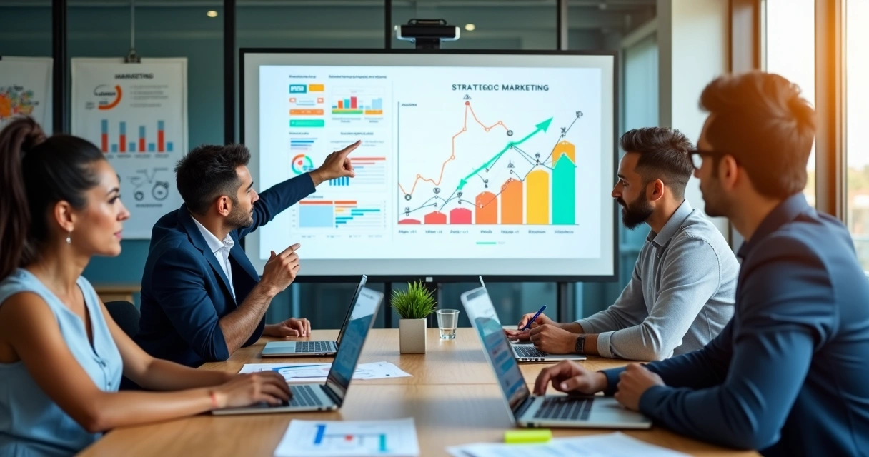 Equipe de marketing em reunião analisando gráficos de desempenho em tela grande 