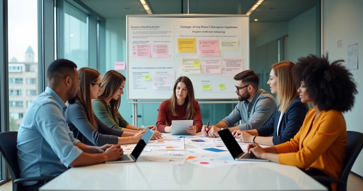 Equipe de marketing reunida debatendo campanhas éticas 