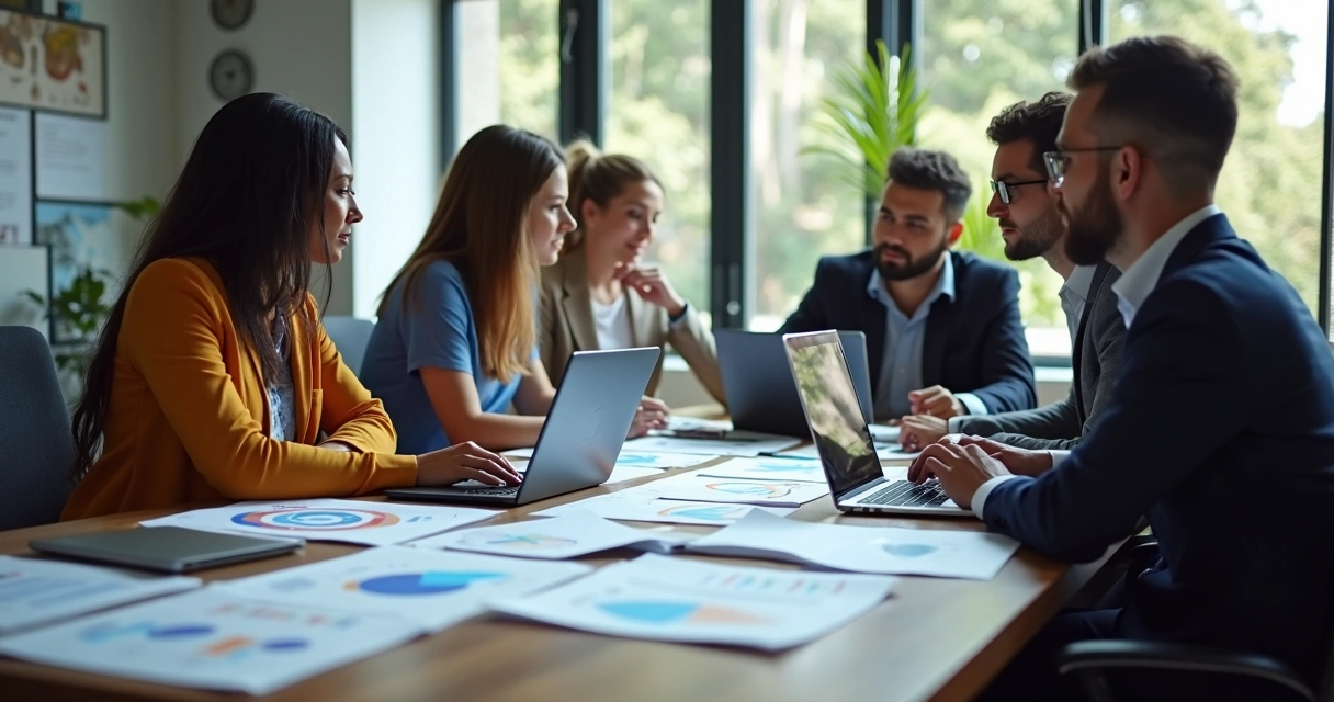 Equipe de marketing reunida em uma sala de reuniões, analisando gráficos e campanhas digitais. 