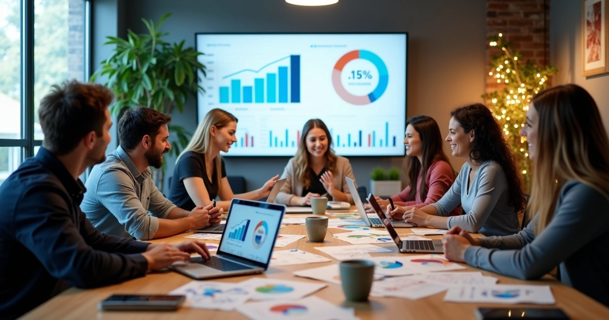 Equipe em mesa de trabalho discutindo redes sociais com notebook e gráficos 