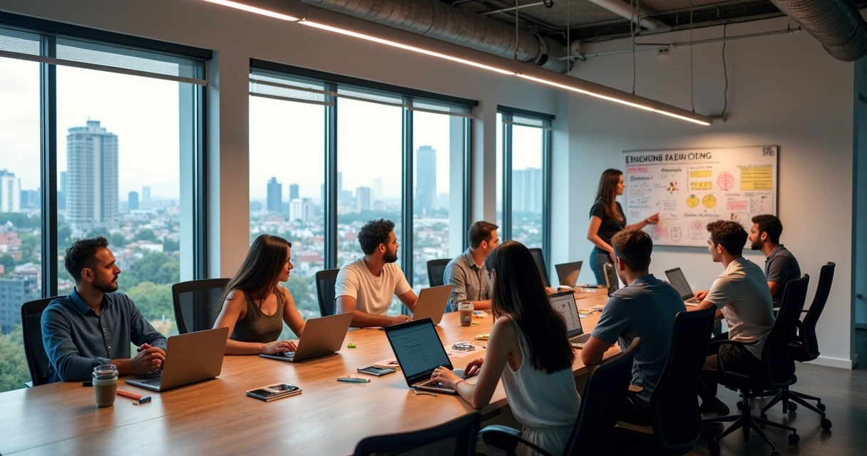 Equipe reunida em uma agência de marketing, trabalhando em computadores modernos junto a quadros com mapas e gráficos 