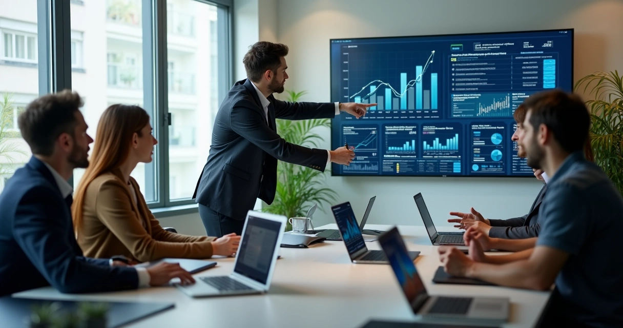 Profissionais de marketing em reunião discutindo resultados de IA para e-commerce 