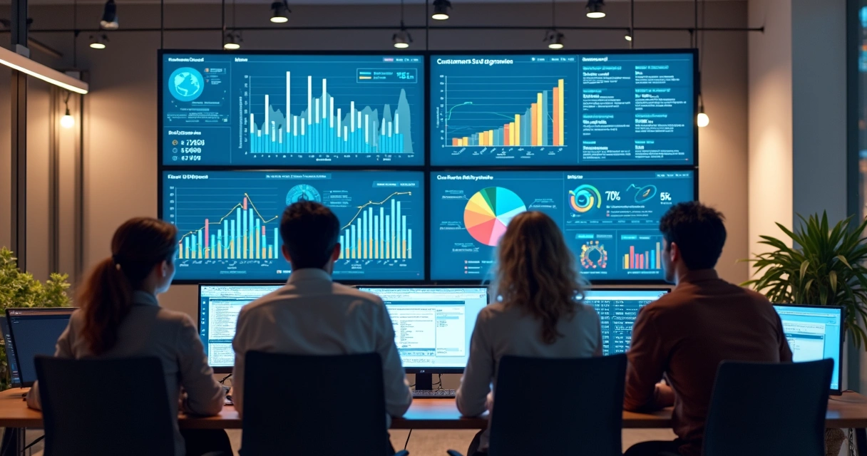 Equipe de marketing analisando dados de segmentação com IA em dashboards digitais 