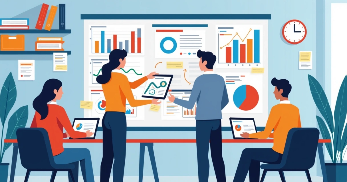 Equipe de marketing digital analisando gráficos e estratégias contábeis em uma sala moderna 