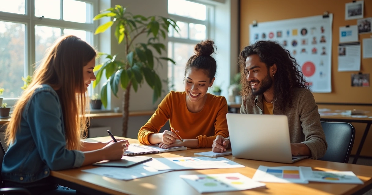 Equipe de marketing reunida em sala colorida e moderna, analisando notebooks e papéis da campanha 