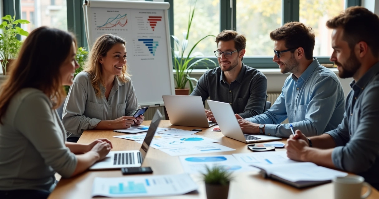 Equipe de marketing alinhando dados digitais e vendas offline na mesa 