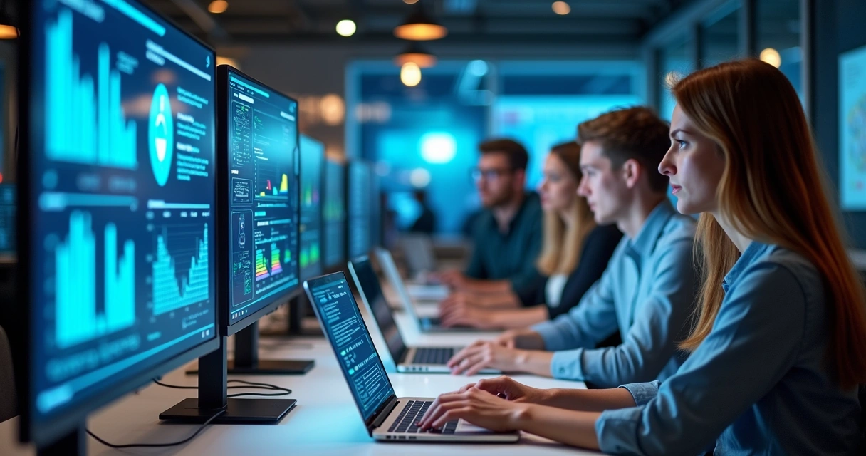 Equipe de marketing analisa ferramentas de IA em notebooks 