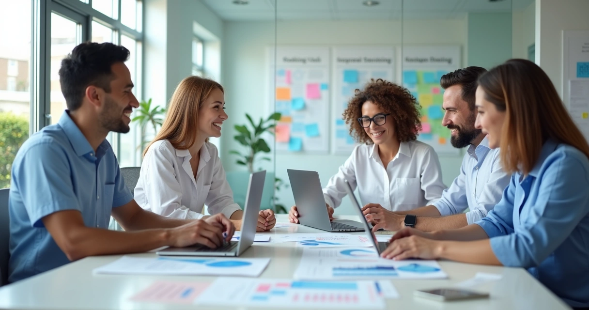 Equipe de marketing própria em reunião, analisando resultados em computadores 