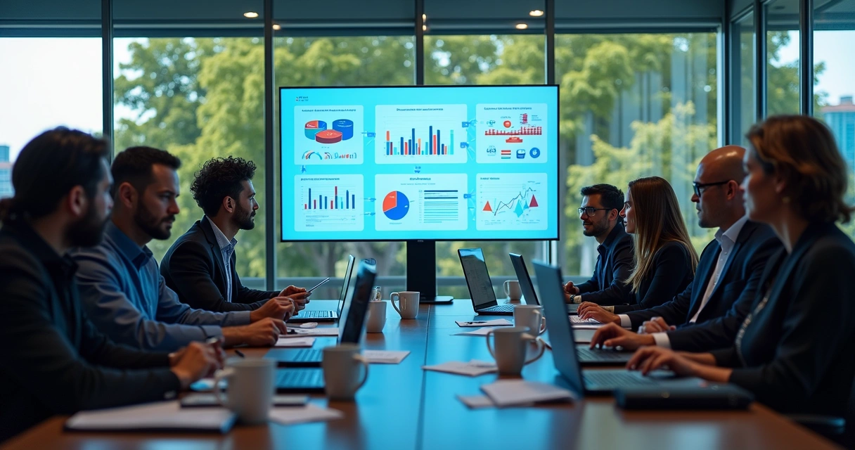 Equipe de marketing reunida analisando dados em uma sala moderna 