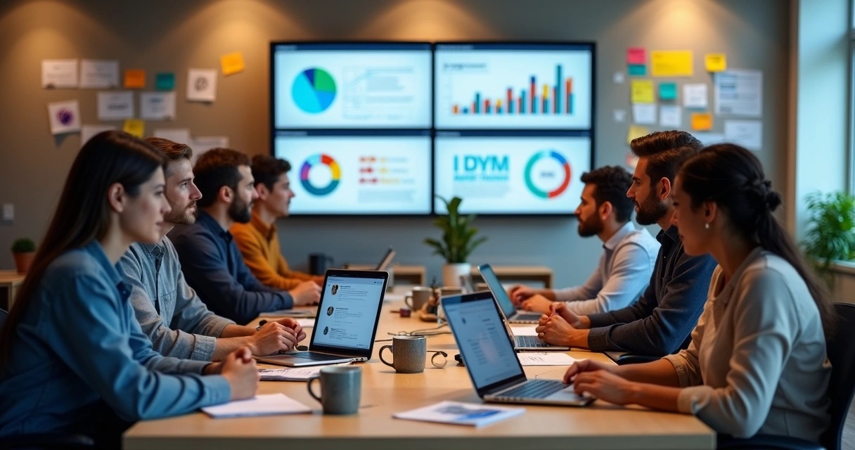 Equipe de marketing analisando gráficos em várias telas 