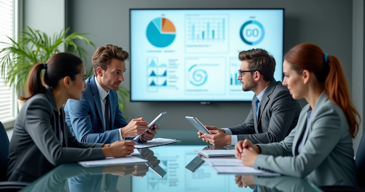 Equipe de marketing discutindo campanhas médicas em sala de reunião. 