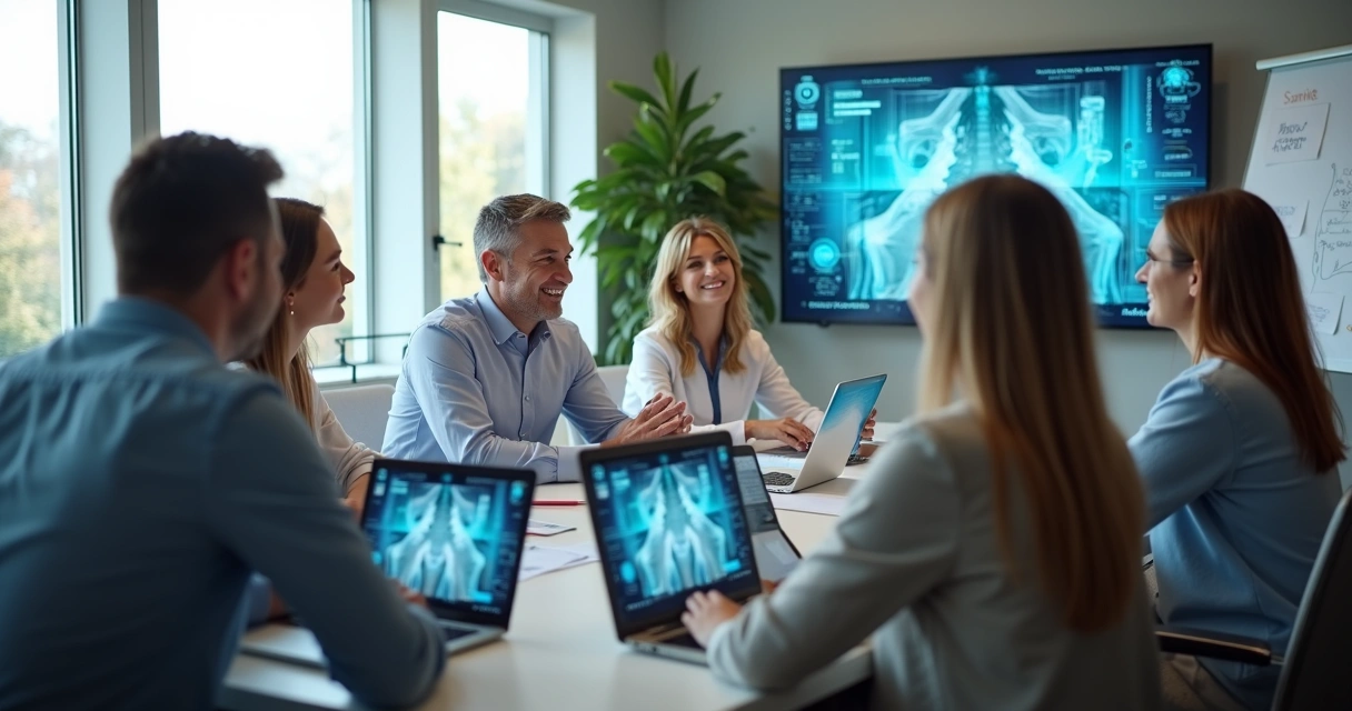Equipe em reunião de planejamento digital na área médica 