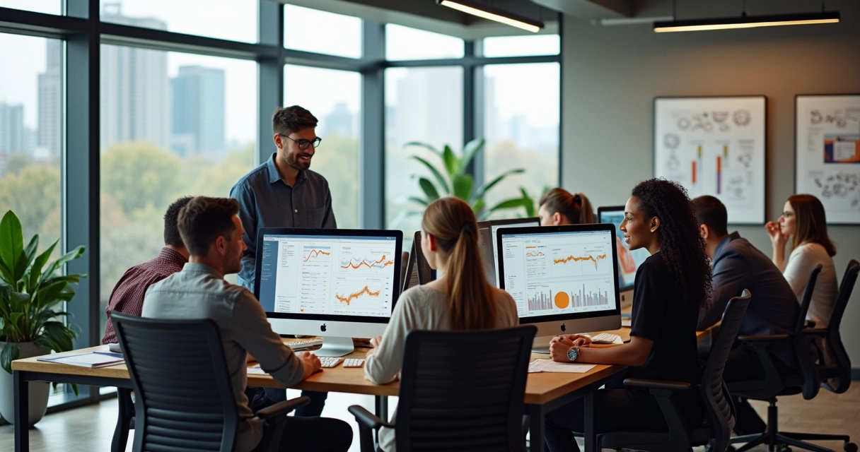 Equipe de marketing reunida em ambiente colaborativo moderno, computadores e gráficos na mesa