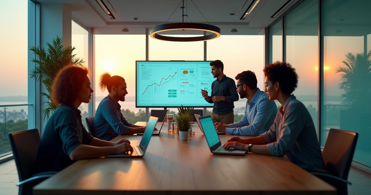 Equipe de marketing analisando campanhas digitais em escritório moderno em Natal 