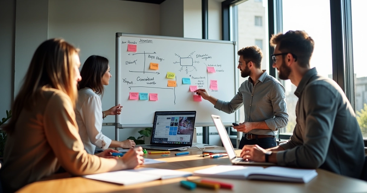 Equipe de marketing planejando site no quadro branco