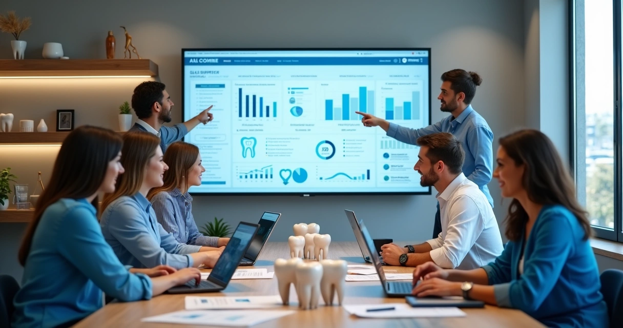 Equipe de marketing reunida em sala moderna discutindo estratégias digitais