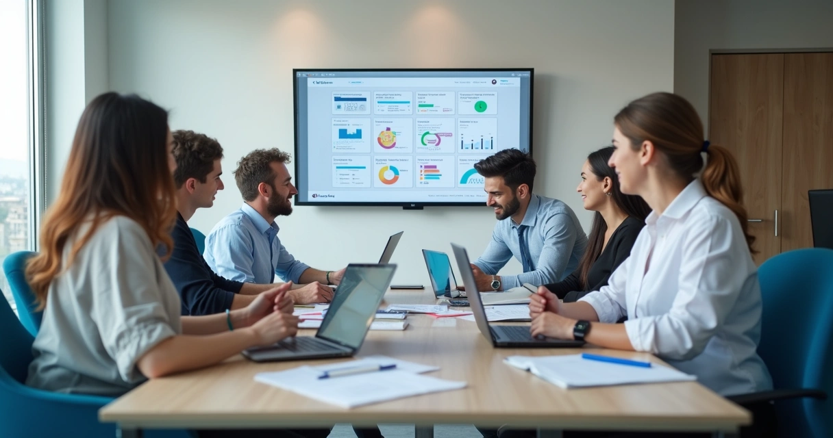 Equipe reunida planejando marketing para clínica odontológica 