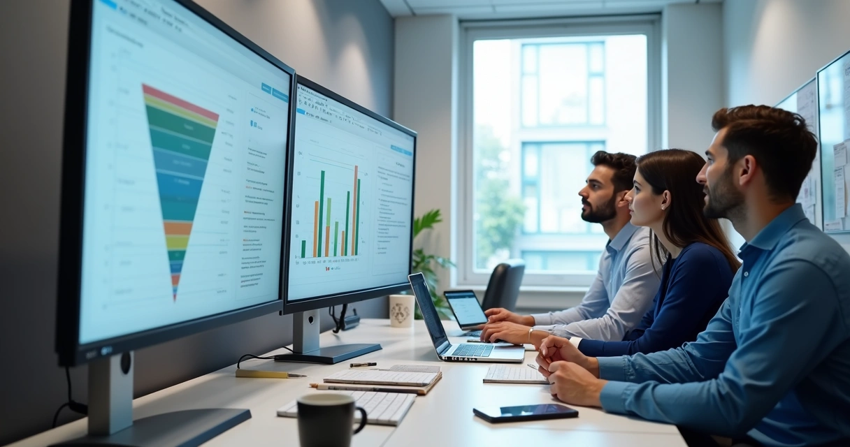 Equipe analisando funil de marketing odontológico em escritório moderno