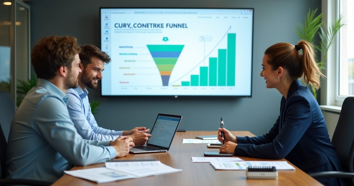 Equipe analisando funil de marketing odontológico em reunião 