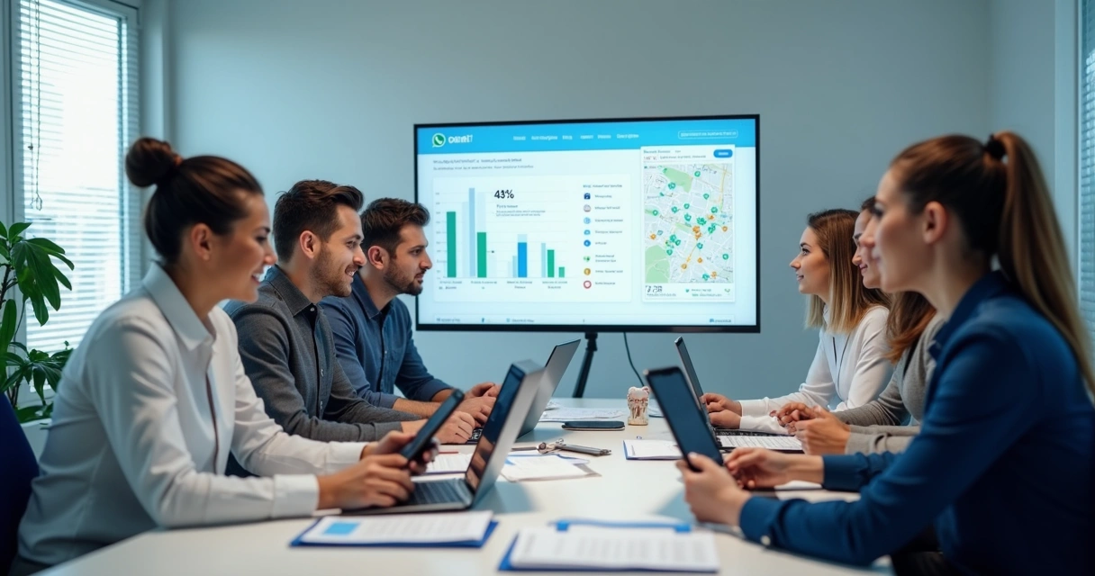 Equipe analisando campanhas de marketing odontológico em escritório 