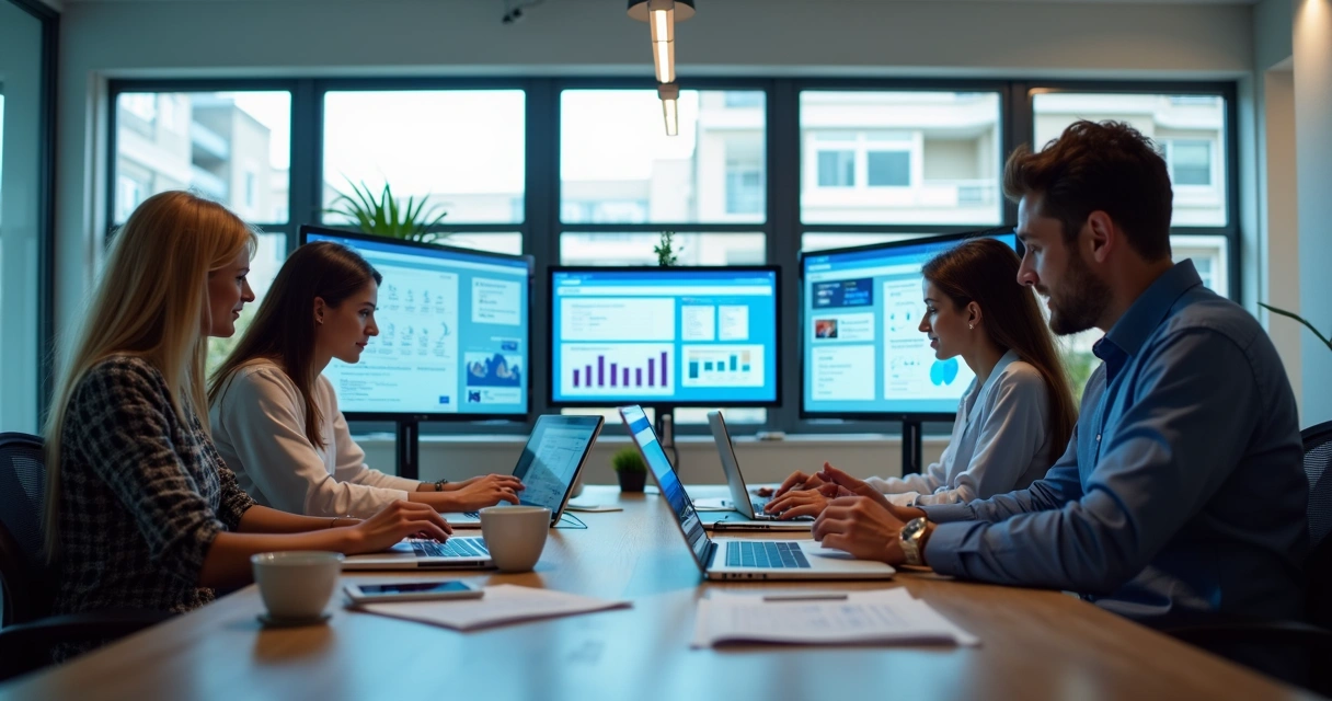 Equipe de marketing analisando campanhas digitais em escritório moderno com computadores e gráficos na tela 