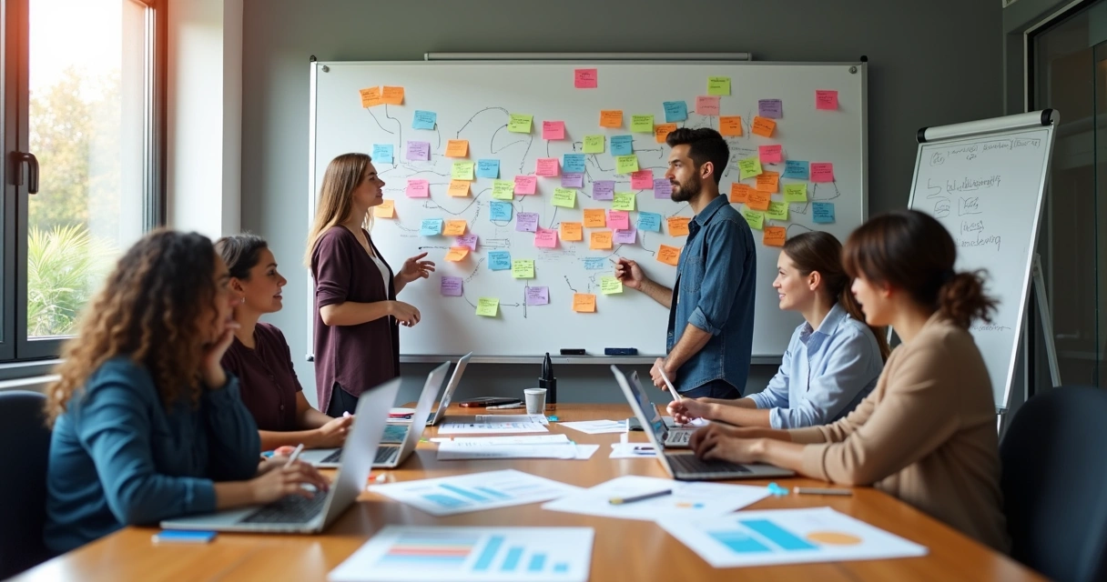 Equipe de marketing digital reunida em sala com quadro de estratégias odontológicas 