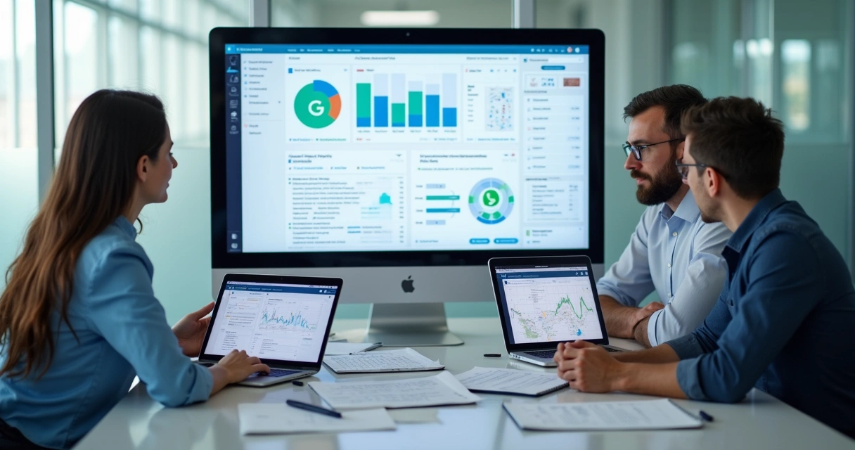 Equipe analisando campanhas de clínica odontológica em escritório moderno