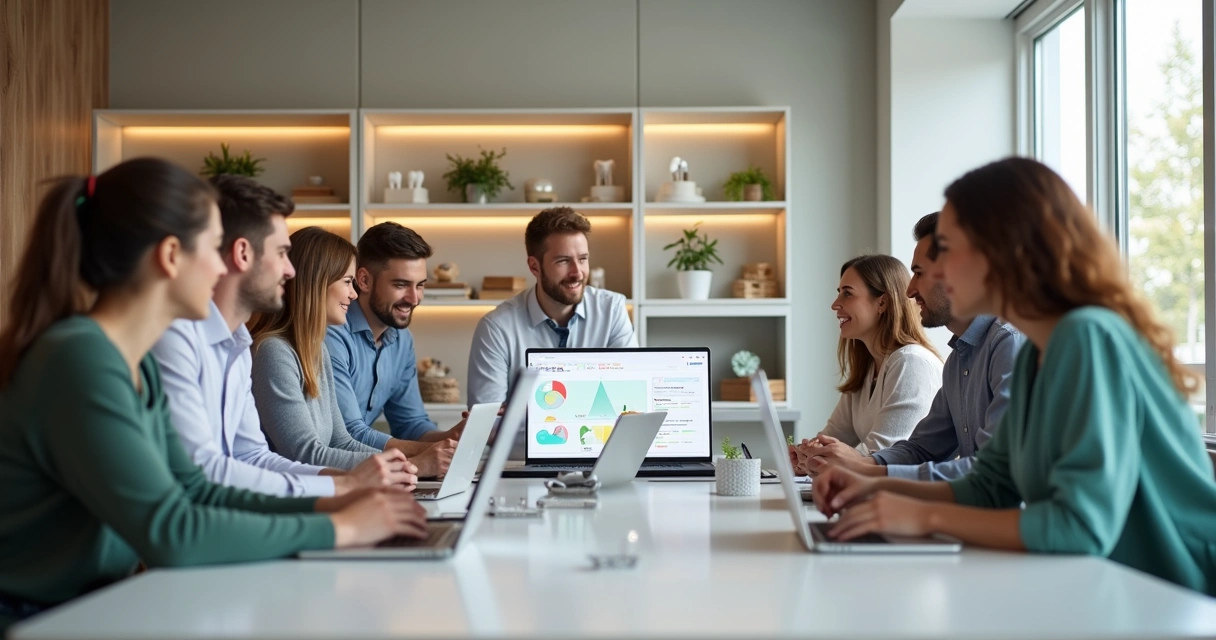 Equipe de marketing digital discutindo estratégias em uma clínica odontológica