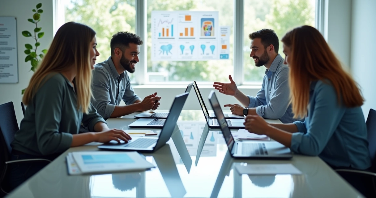 Equipe de marketing reunida com quadros e gráficos 