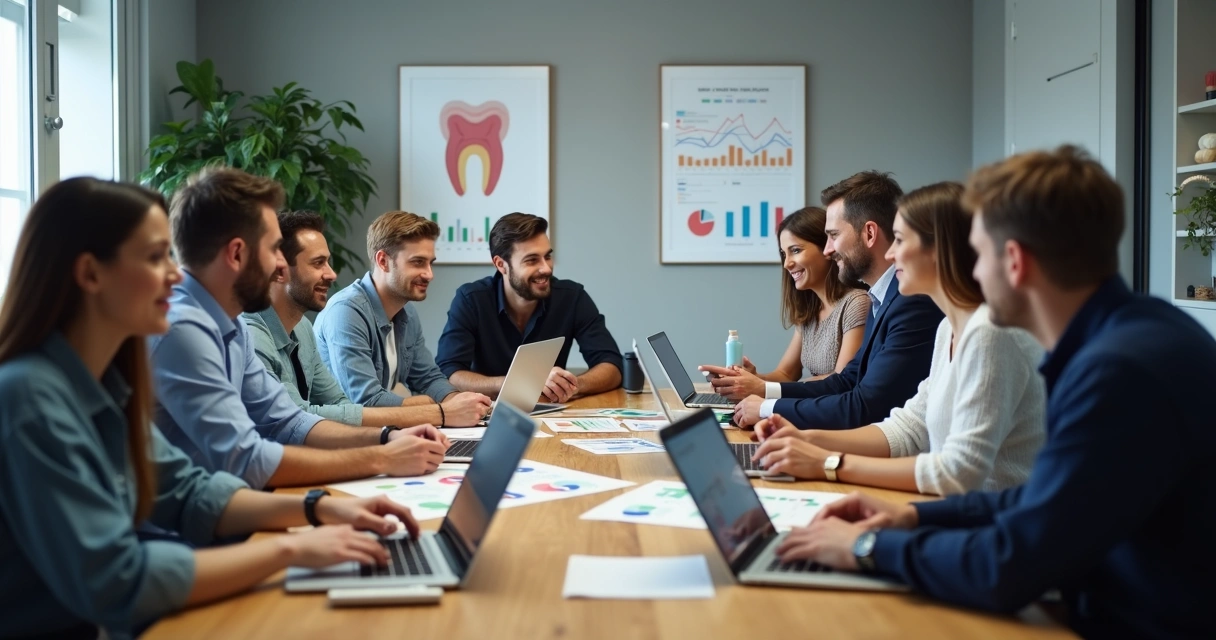 Equipe de profissionais de marketing reunidos analisando resultados ao redor de uma mesa
