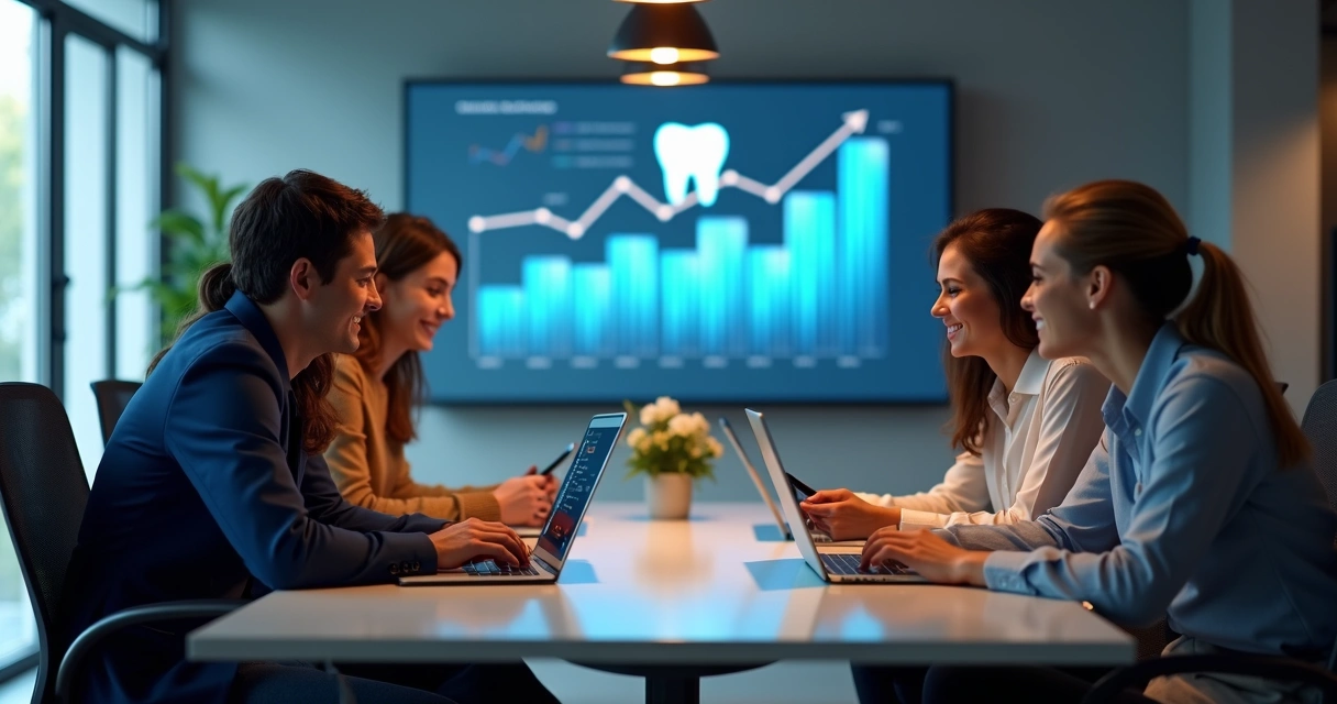 Equipe de marketing digital reunida discutindo estratégias para clínicas odontológicas em ambiente moderno 