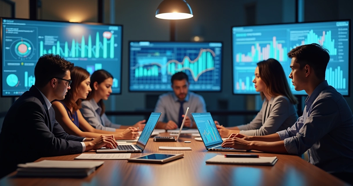 Equipe de marketing odontológico reunida num escritório moderno com laptops e gráficos na tela, discutindo estratégias de marketing digital para clínicas dentárias 