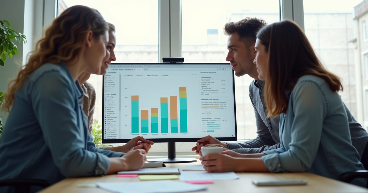 Equipe pequena analisando gráficos em tela de computador 
