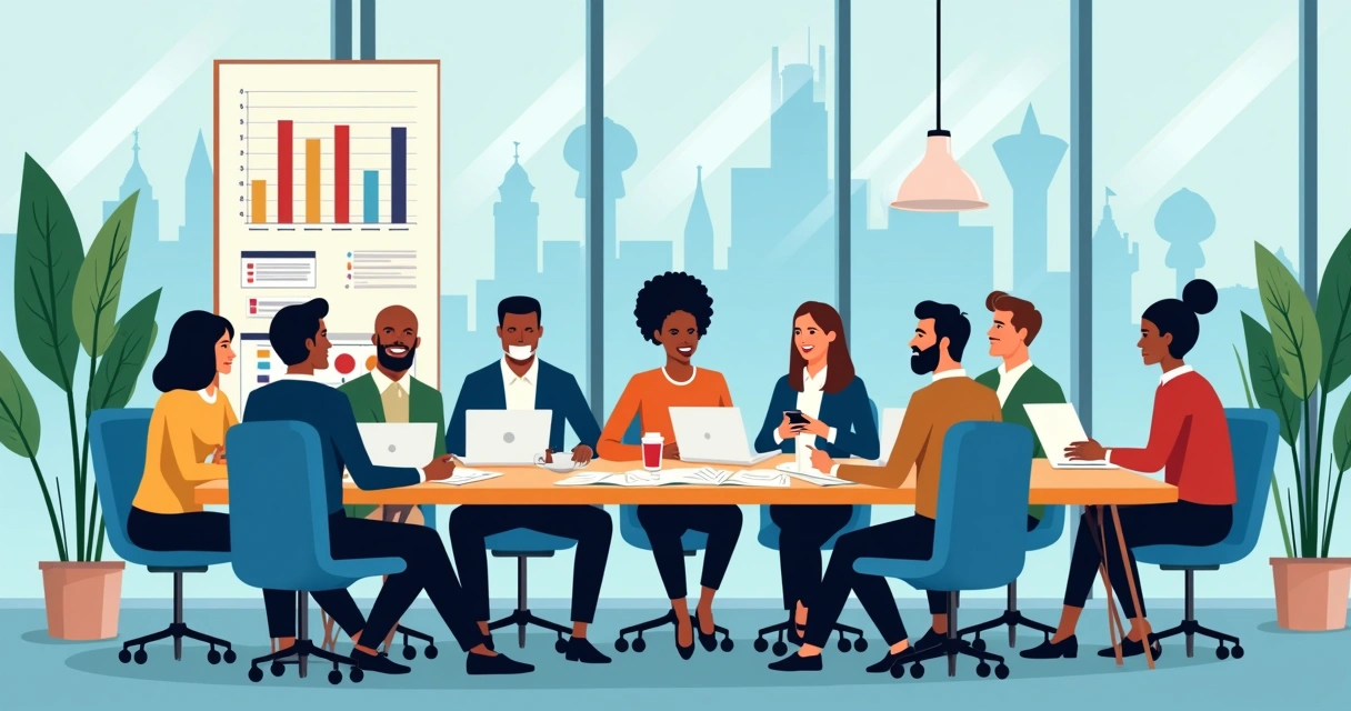Profissionais de marketing político reunidos junto a computadores e papéis discutindo estratégias 