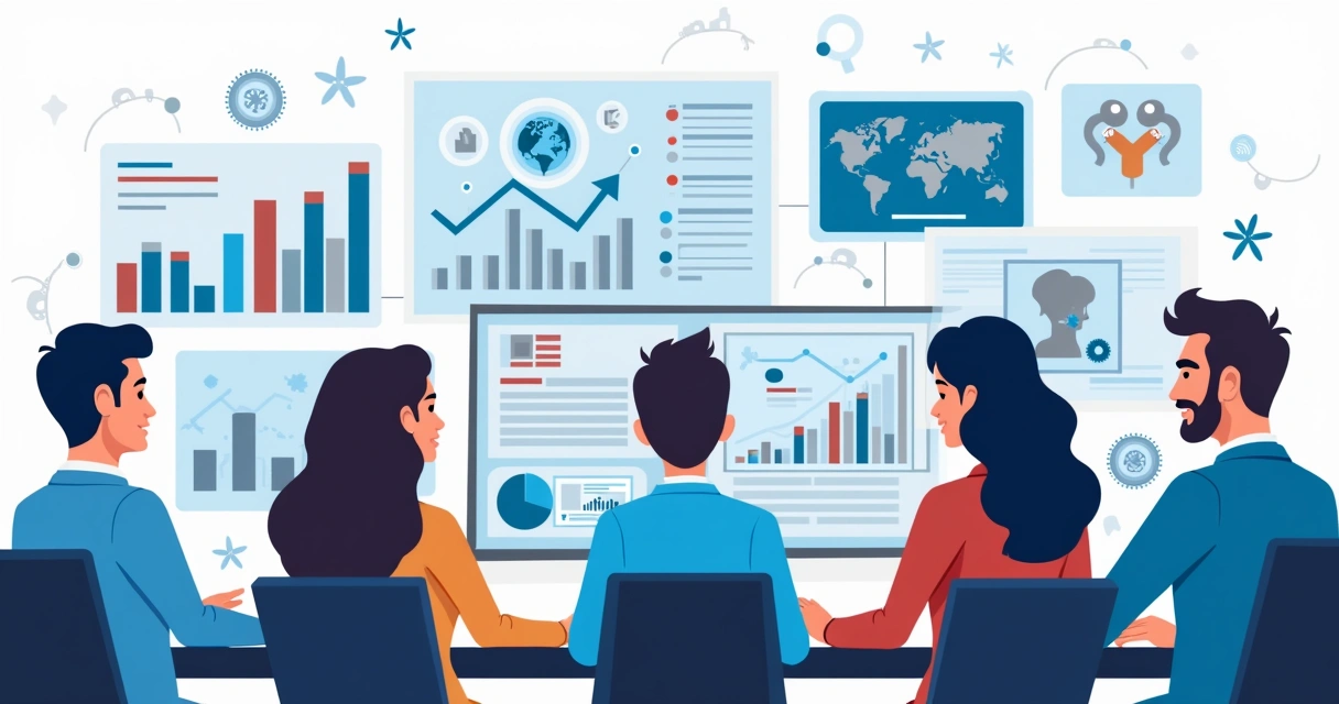 Profissionais de marketing político reunidos em torno de telas com gráficos digitais 