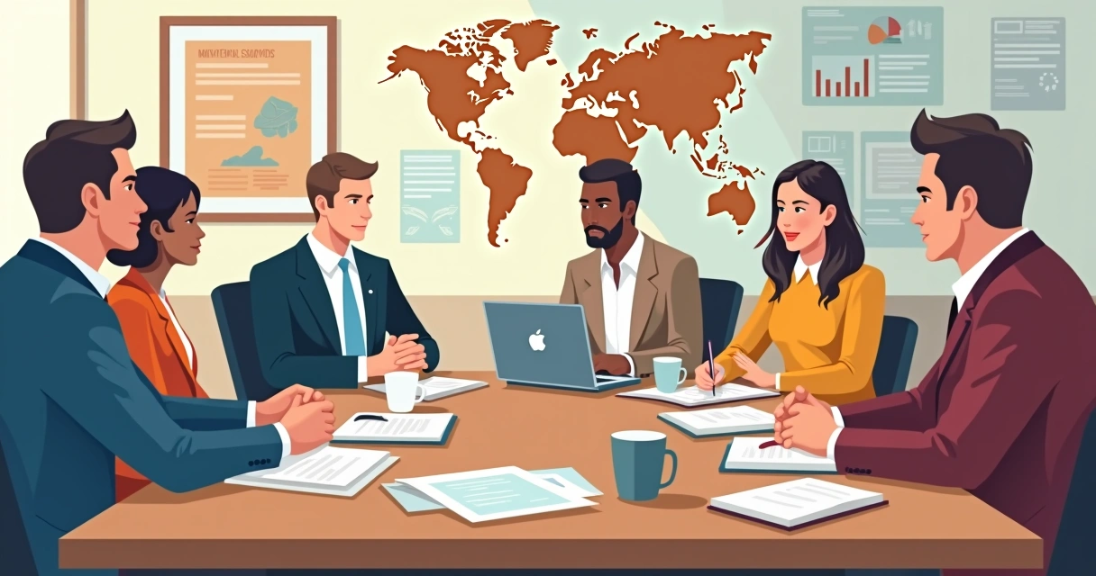 Equipe de marketing político reunida em volta de mesa com materiais de campanha