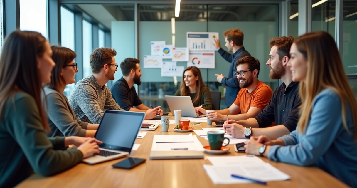 Equipe de marketing reunida em uma sala de reunião, com computadores, discutindo campanha digital 