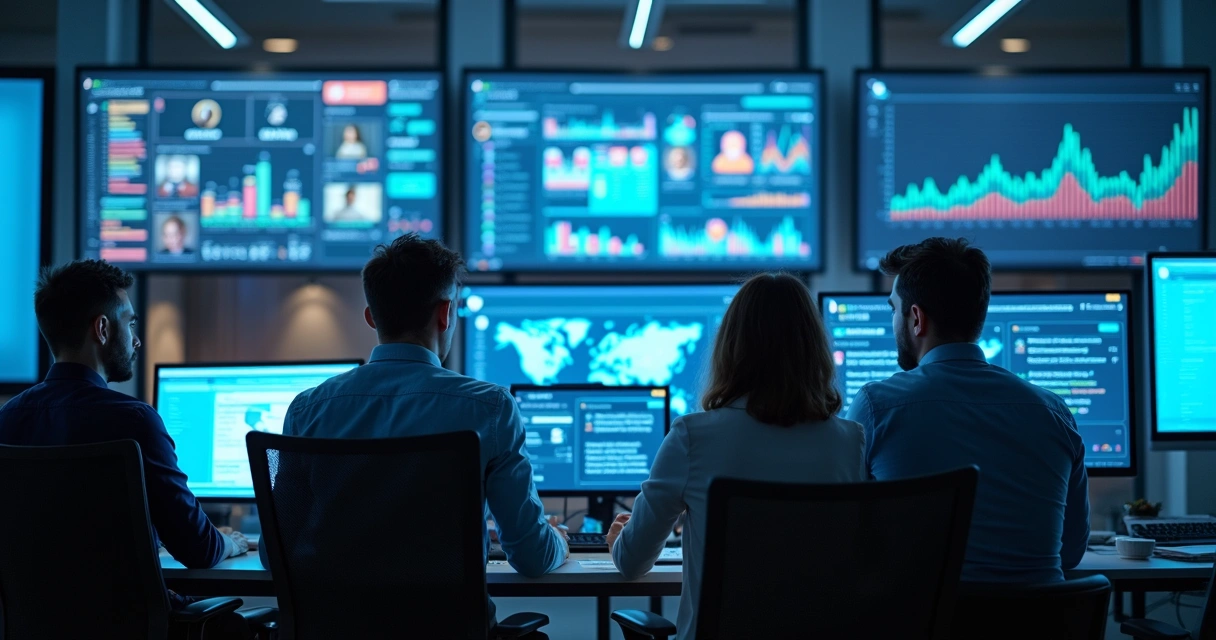 Equipe de marketing monitora redes sociais em tela grande 