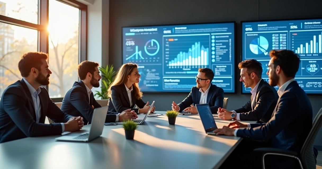 Equipe de marketing reunida em sala moderna com gráficos na parede.