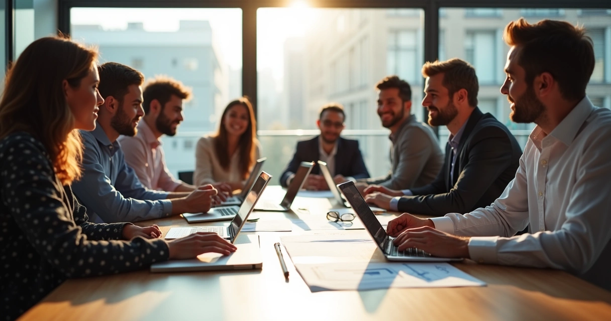 Equipe diversificada em reunião, mesa de escritório, materiais de marketing espalhados