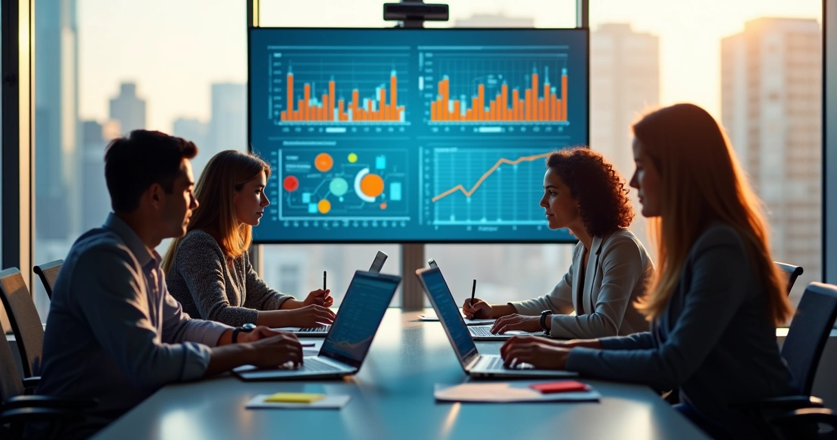 Equipe de marketing reunida analisando gráficos em notebooks 